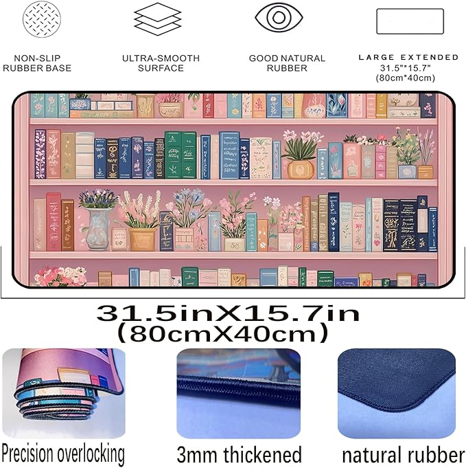 Cute Bookshelf Deskmat, Pink Desk Pad Mousepad XXL, Game Pad, Large Office Desk Keyboard Mat, Anti Slip Rubber Base and Sewn Edge Mouse Mat, Beautiful Reading Space Desktop Decor 31.5"X15.7"