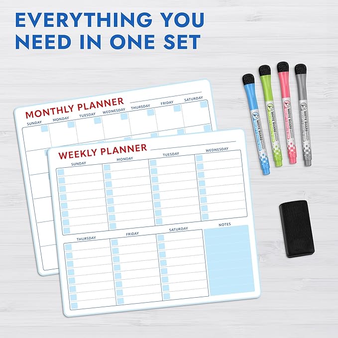 Magnetic Whiteboard Calendar for Fridge – 2-Pack Monthly & Weekly Planners (14”x12”) – Dry Erase Boards with Notes Section, Shaded Dates – Includes 4 Markers & Magnetic Eraser