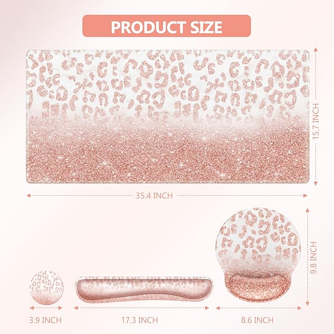 iLeadon Mouse Pad Set, Desk Mat + Mouse Pad with Wrist Rest + Keyboard Wrist Rest + Coaster, 4in1 Glitter Leopard Mouse and Keyboard Pad Set for Home Office, Pink Rose Gold Leopard
