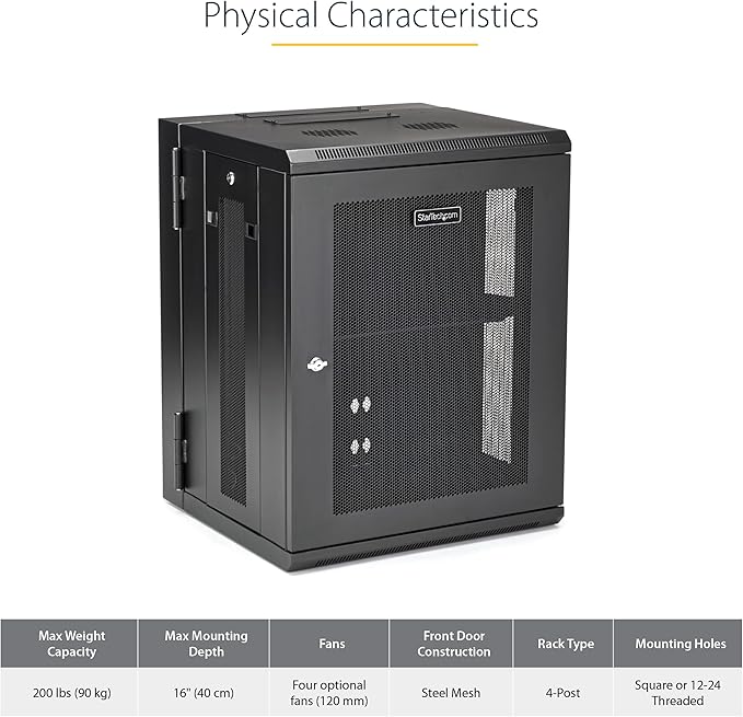 StarTech 4-Post 15U Wall Mount Network Cabinet w/ 1U Shelf, 19" Wall-Mounted Server Rack Kit for IT / Data Computer Equipment, Ships Fully Assembled