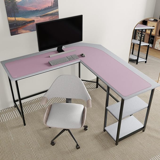 Vyaaa L-Shaped Leather Desk Pad Protector,Large Mouse Pad Corner Desk Mat,Double Sided Desk Blotter for Computer,Laptop,Office or Home,51" x 51"x 15.8",Pink and Green