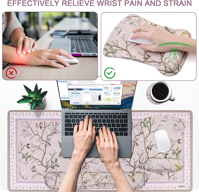 MEGREZ 4-in-1 Ergonomic Memory Foam Wrist Rest Set, Desk Pad, Mouse Pad with Wrist Rest, Keyboard Pad, Suitable for Office Workers, Programmers & Gamers–Relieve Typing & Gaming Fatigue, Light Brown