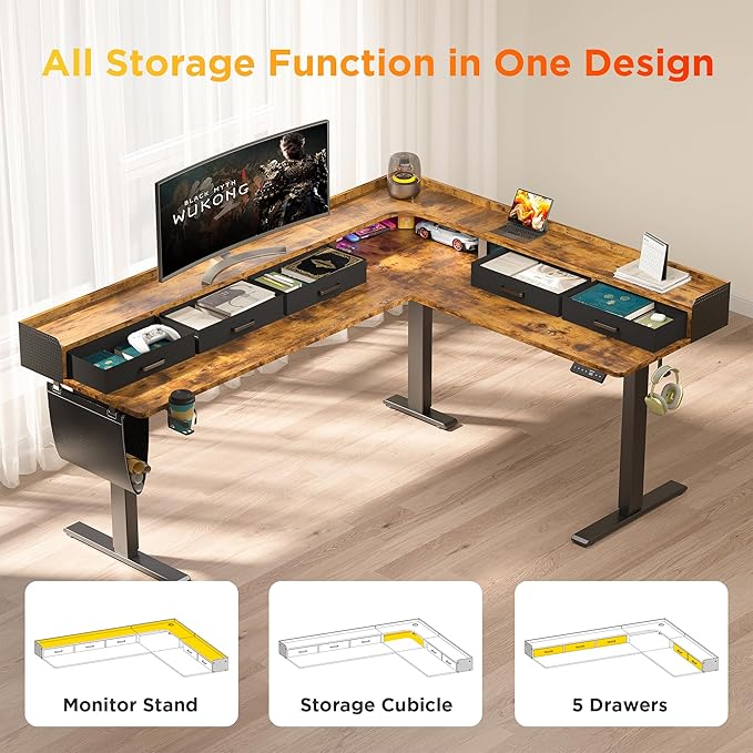 75 Inches Height Adjustable L Shaped Standing Desk with 5 Drawers and Monitor Shelf, Electric Sit to Stand Home Office Comupter Table, Ergonomic Corner Gaming Desk, Rustic Brown