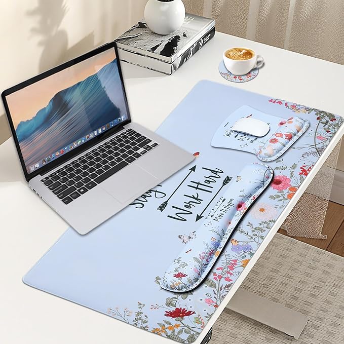 MEGREZ 4-in-1 Ergonomic Memory Foam Wrist Rest Set, Desk Pad, Mouse Pad with Wrist Rest, Keyboard Pad, Suitable for Office Workers, Programmers & Gamers–Relieve Typing & Gaming Fatigue, Light Blue