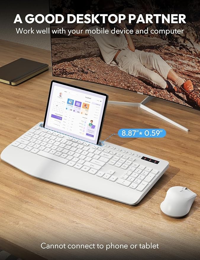 SABLUTE Wireless Keyboard and Mouse, Wrist Rest, Phone Holder, Batteries Included, 2.4G Lag-Free Ergonomic Keyboards Mouse Combo, Silent Keyboard Cordless Set for Computer, Laptop, PC, Windows, White
