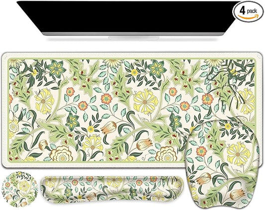 4 in 1 Large Mouse Pad, Keyboard Wrist Rest Set, Ergonomic Mouse Pad with Wrist Support, Desk Mat with Stitched Edges Extended Desk Pad Waterproof Desk Mat for Home Office Game I Green Flower Plants