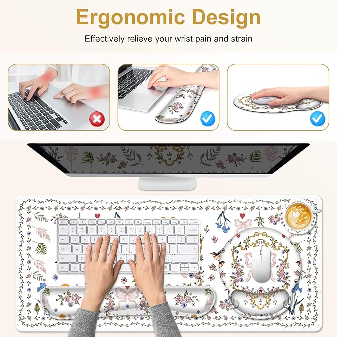 White Florals Mouse Pad, XXL Large Desk Mat Extended Nature Aesthetic Desk pad, 4 PCS Non-Slip Rubber Base Computer Big Mousepads for Work, Game, Office, Home Decor I Weeds Vintage Birds