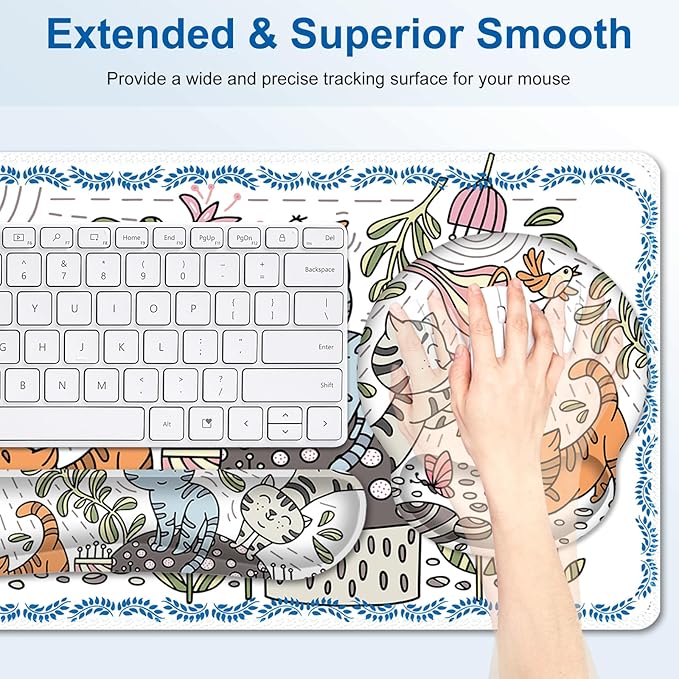 Cute Desk Mat, 4in1 Large Mouse Pad with Wrist Rest, Desk Matt for Desktop, Desk Pad Mat, Anti-Slip XXL Computer Ergonomic Mousepad with Wrist Support for Keyboard and Mouse I Funny Cat Animals