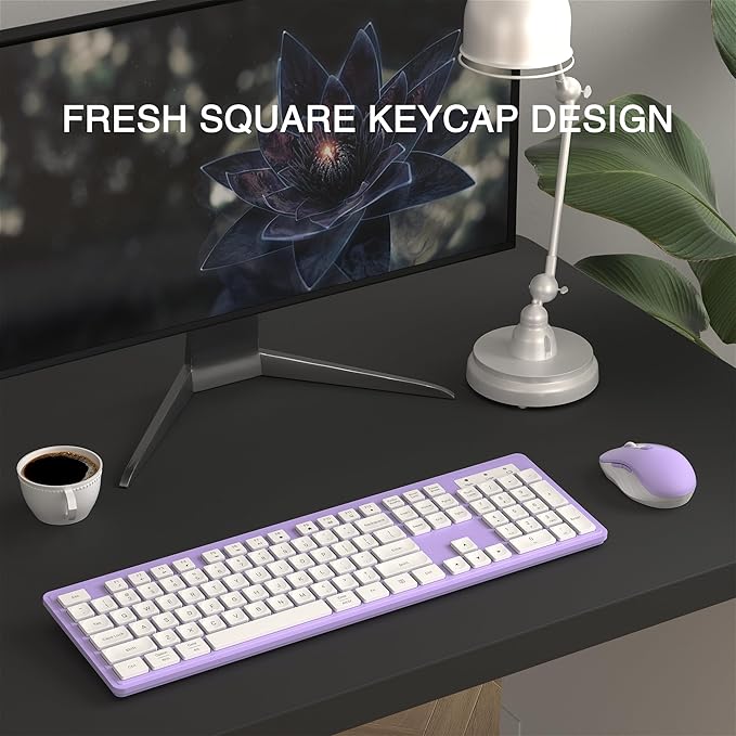 Wireless Keyboard and Mouse Combo, Full-Size 104-Key Office Keyboard with 15 Function Keys, Numeric Keypad, Single USB Receiver, Compatible with PC and Laptop(Purple White)