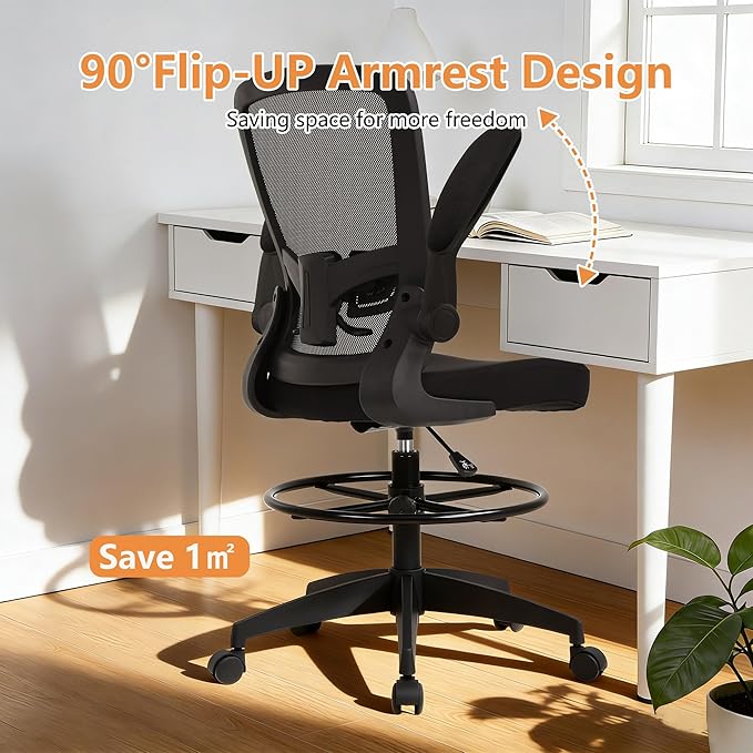 BestOffice Drafting Chair Tall Office Chair Adjustable Height with Lumbar Support Flip Up Arms Footrest Mid Back Task Mesh Desk Chair Computer Chair Drafting Stool for Standing Desk