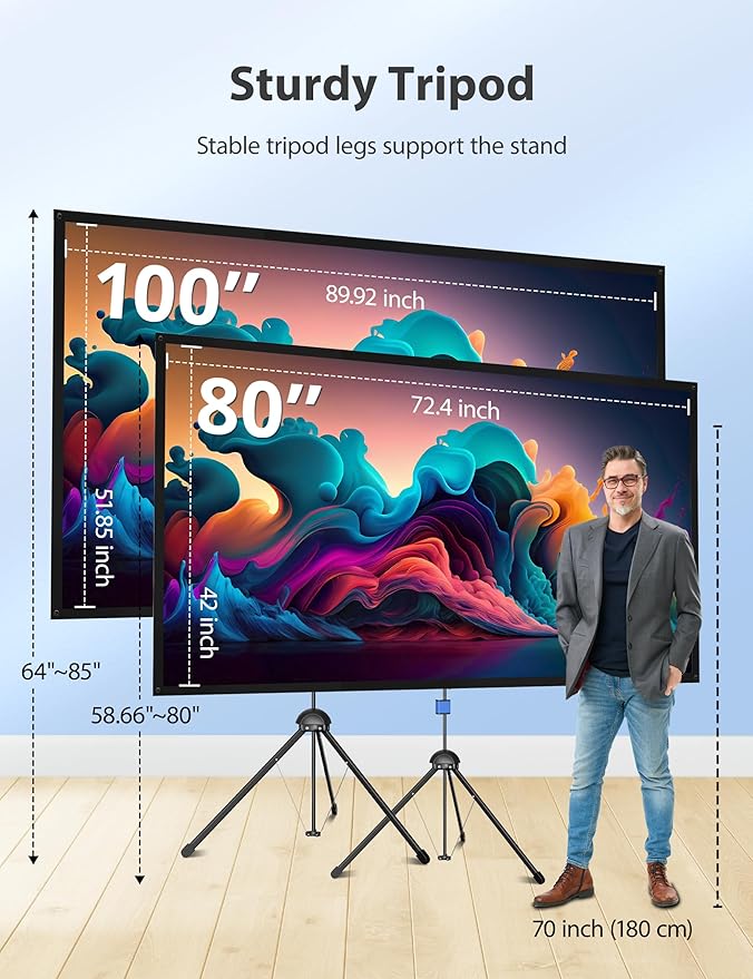 Projector Screen with Stand, Paris RHÔNE 100-inch Outdoor Indoor Projector Screen 16:9 4K HD PVC, 1.5 Gain Portable Wrinkle-Free Movie Screen for Home Backyard Theater with Carry Bag, Ground Nails