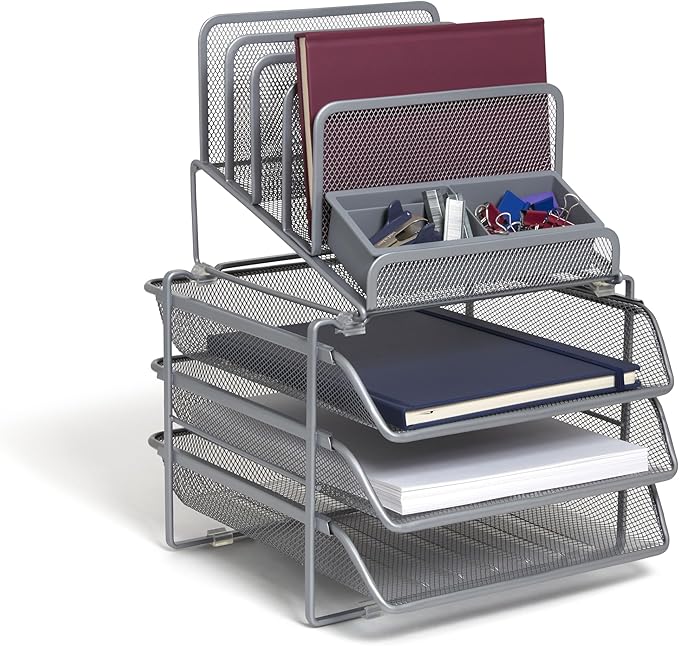TRU RED All‑In‑One Wire Mesh Desk Organizer, 10‑Compartment, Silver – Complete Desktop Storage Solution for Office & Home Use