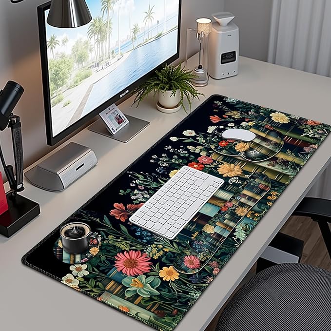 Wildflowers Mouse Pad, Large Desk Mat Extended Nature Botanical Aesthetic Deskpad, 4 PCS Non-Slip Rubber Base Computer Mouse Pads for Work, Game, Office, Home Decor Gifts I Floral Plants Books