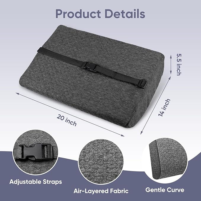 Extra Large Lumbar Support Pillow for Recliner, 20"x14"x5.5" Back Support Cushions with Back Strap, 100% Foam High Supportive, Durable, Grey