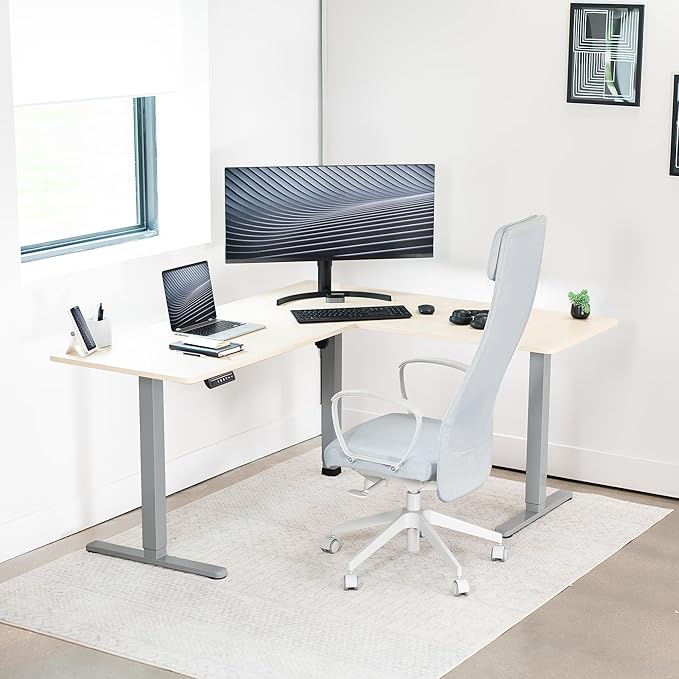 VIVO Corner Standing Desk, 63 x 55 inch Reversible L-Shaped Workstation, Electric Height Adjustment, Home, Office, and Reception Rooms, Light Wood Table Top Gray Frame, DESK-E3CTGC