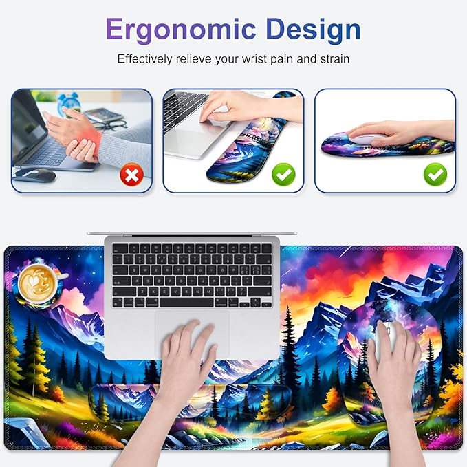 4 in 1 Large Mouse Pad, Keyboard Wrist Rest Set, Ergonomic Mouse Pad with Wrist Support, Desk Mat with Stitched Edges Extended Desk Pad Waterproof Desk Mat for Home Office Game I Landscaping Mountain