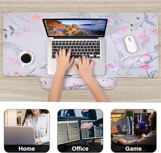 MEGREZ 4-in-1 Ergonomic Memory Foam Wrist Rest Set, Desk Pad, Mouse Pad with Wrist Rest, Keyboard Pad, Suitable for Office Workers, Programmers & Gamers–Relieve Typing & Gaming Fatigue, Pink Flower