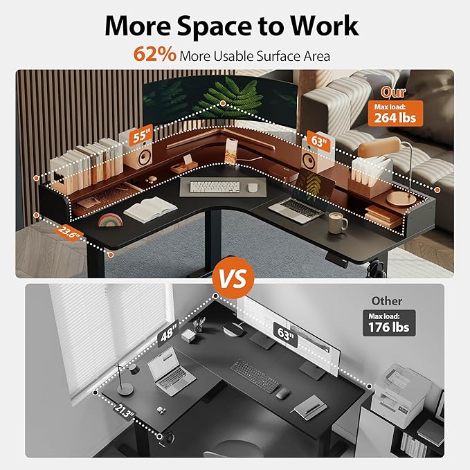 Agilestic L Shaped Standing Desk, Corner Desk with Monitor Shelf, Adjustable Height Gaming Table, Sit Stand Up Table, 63 x 55 Inch Home Office Computer Workstation, Splice Board, Black