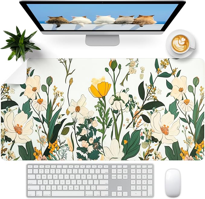 Flower Desk Mat, Desk Matt for Desktop, Leather Mouse Pad, Waterproof Large Keyboard Pad, Anti-Slip Computer mat, Keyboard and Mousepad for Women Office Decor (31.5"x15.7")
