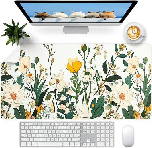 Flower Desk Mat, Desk Matt for Desktop, Leather Mouse Pad, Waterproof Large Keyboard Pad, Anti-Slip Computer mat, Keyboard and Mousepad for Women Office Decor (31.5"x15.7")