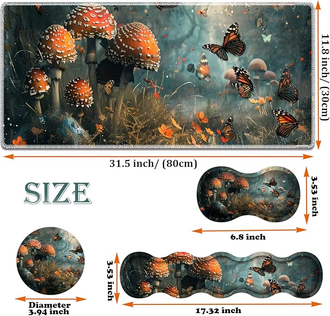 Large Gaming Mouse Pad + Keyboard Wrist Rest + Wrist Support + Coaster Set, Memory Foam Ergonomic for Easy Typing, XXL Extended Gaming Mouse Pad Table Pad - Mushroom Forest Butterfly