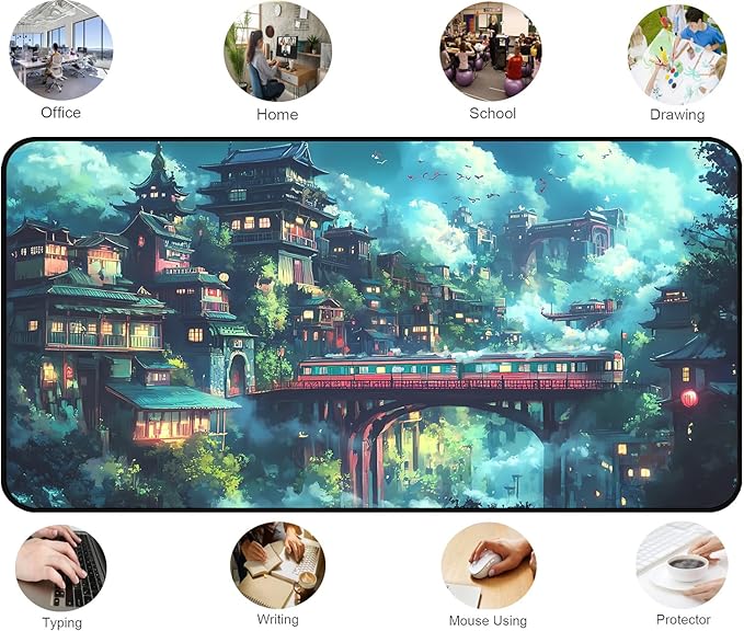 Japanese Anime Desk Mat, Green Forest Mouse Mat XXL, Game Desk Pad, Fantasy Architecture Computer Keyboard Mat, Wireless Mousepad Large,Natural Landscape Home Office Desktop Decor 31.5"X15.7"