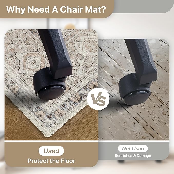36"x48" Office Chair Mat for Hardwood Tile Floor, Under Desk Carpet Protector for Rolling Computer Chair Mat, Machine Washable Area Rug, Anti-Slip 1/5" Thick Low Pile Thin Vinyl Floor Mat, Khaki Blue