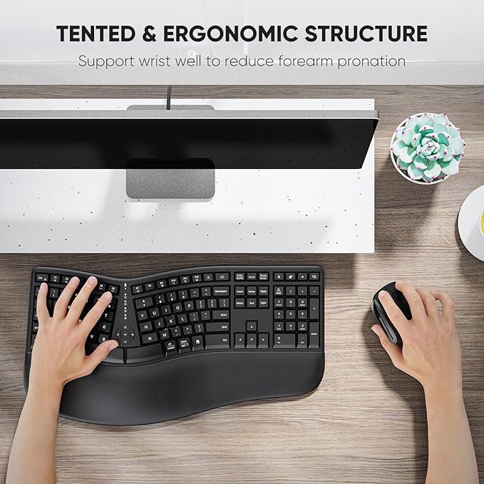 MEETION Ergonomic Keyboard and Mouse, Wireless Keyboard with Vertical Mouse, Split Curved Keyboard with Wrist Rest, Natural Typing USB Receiver Rechargeable Full Size, Windows/Mac/PC/Laptop, Large