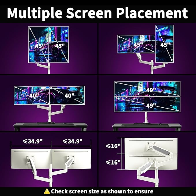 Dual Monitor Arm for 17-49 Inch Ultrawide Screens, Dual Monitor Mount Heavy Duty up to 44lbs, Adjustable Vertical Stacked Full Motion Dual Monitor Arm Desk Mount, 75/100mm VESA Mount, White