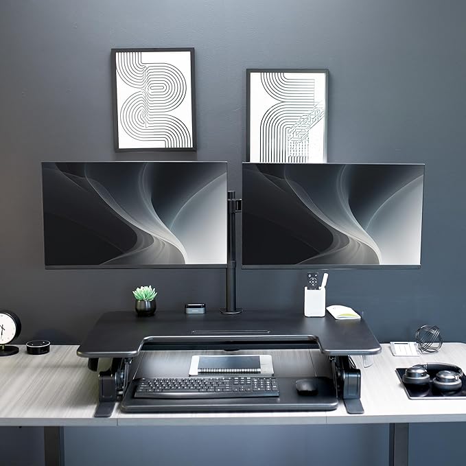 VIVO 36 inch Standing Desk Converter with Dual Monitor Mount Arms for up to 30 inch Screens, Height Adjustable Desk Riser, Black, DESK-KIT-0V02
