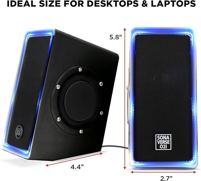GOgroove Gaming Computer Speakers with Blue LED Light - SonaVERSE O2i Speakers for Desktop, Laptop, PC - USB Speaker 2.0 with AUX Input, in-Line Volume Control, Bass Stereo Sound, 14W (Black)