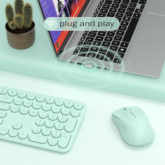 Wireless Keyboard and Mouse Combo, 110 Round Quiet Keys, Adjustable Optical Mouse, Share 1xUSB Receiver, Power Switch, for Windows Mac(Green)