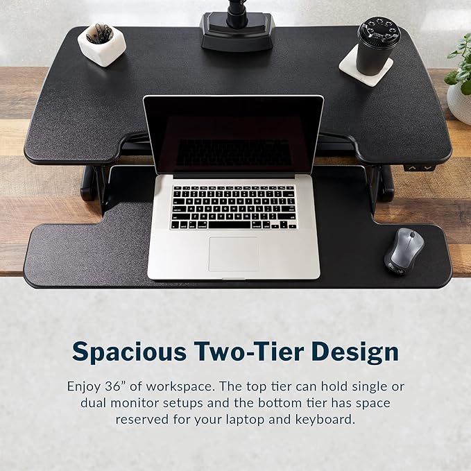 Vari Varidesk Pro Plus 36 Electric Standing Desk Converter – 11 Height Settings + Spring-Loader Lift, 2 Tier Design, Keyboard Tray – Fits Desktops 36” Wide x 26.5" Deep – Fully Assembled (Black)