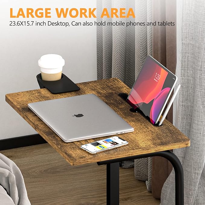 Klvied Standing Desk Adjustable Height, Stand Up Desk with Cup Holder, Portable and Easy to Move Bedside Table, Ideal for Home or Office, Walnut