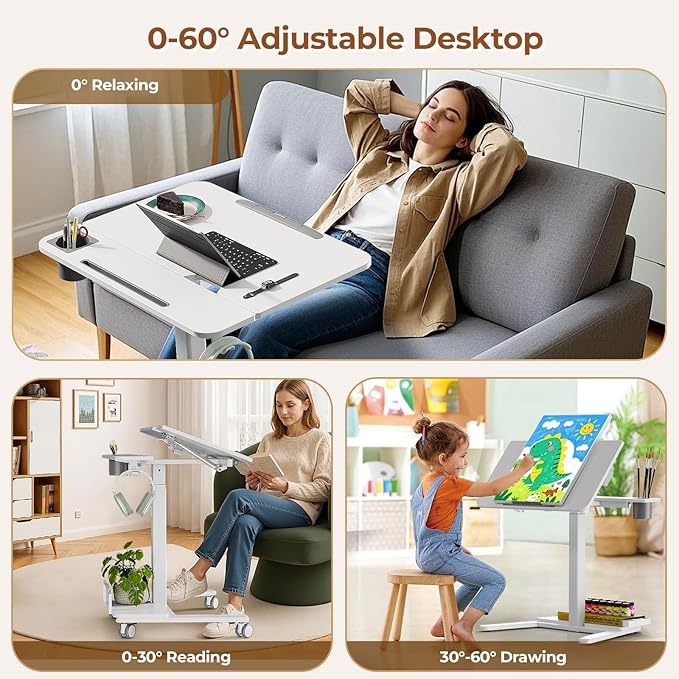 28" Mobile Standing Desk, Height Adjustable Rolling Laptop Cart with 60° Tiltable Top & Storage Shelf, Stand up Desk on Wheels, Portable Workstation for Home Office, White