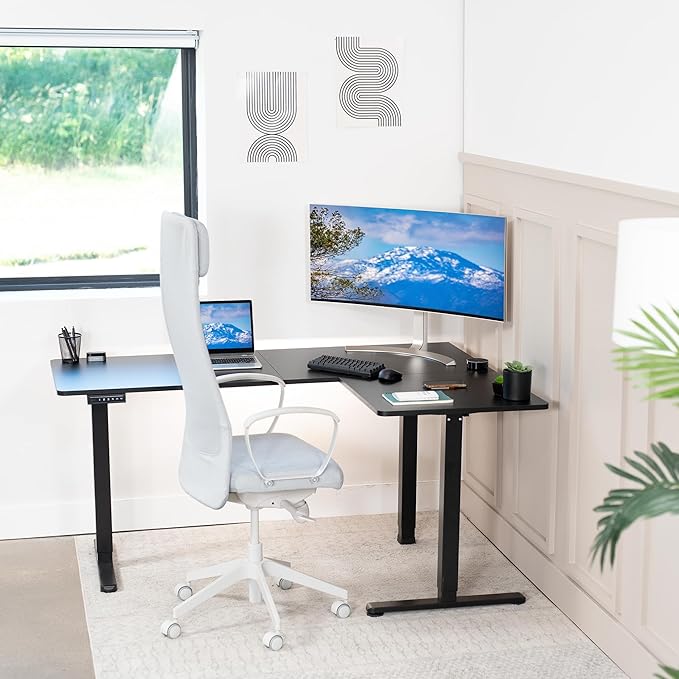 VIVO Corner Standing Desk, 63 x 47 inch Reversible L-Shaped Workstation, Electric Height Adjustment, Home, Office, and Reception Rooms, Black Table Top Black Frame, DESK-E3CTB-47