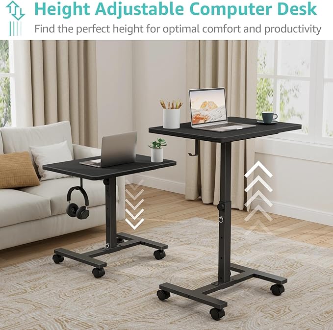 Small Portable Standing Rolling Desk - 24 Inch Mobile Sit Stand Desk Adjustable Height with Wheels for Small Spaces Home Office, Kids Couch Laptop Desks Side End Table, Black