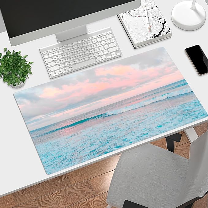 EOBTAIN Blue Beach Large Mouse Pad Coastal Desk Mat Cute Ocean Scene XXL Keyboard and Mouse Pad Desk Accessories for Office Home,Thin and Big Extended Smooth Non Slip Rubber Mousepad,31.5x15.7 Inch