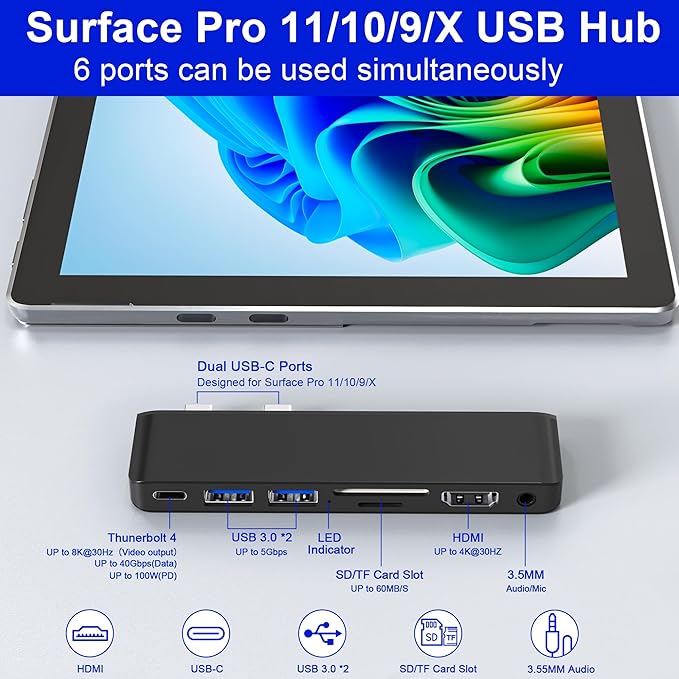 Surface Pro 11/10/9/X USB C Hub, Surface Pro 11 Hub Docking Station with 4K HDMI, Thunerbolt 4 (8K Video+Data+100W PD), 2*USB 3.0, 3.5mm Audio, SD/TF, Adapter for Surface Pro 11/10/9/X