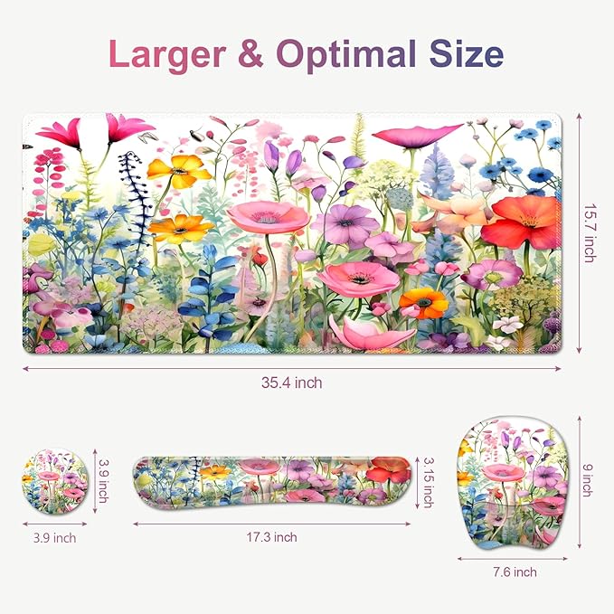 Large Mouse Pad with Wrist Support 4in1 Set, XXL Game Mousepad +Keyboard Wrist Rest+Mouse Wrist Rest+Coaster Ergonomic Design Gaming Mat for Home Office Table Computer I Gorgeous Rose Plants
