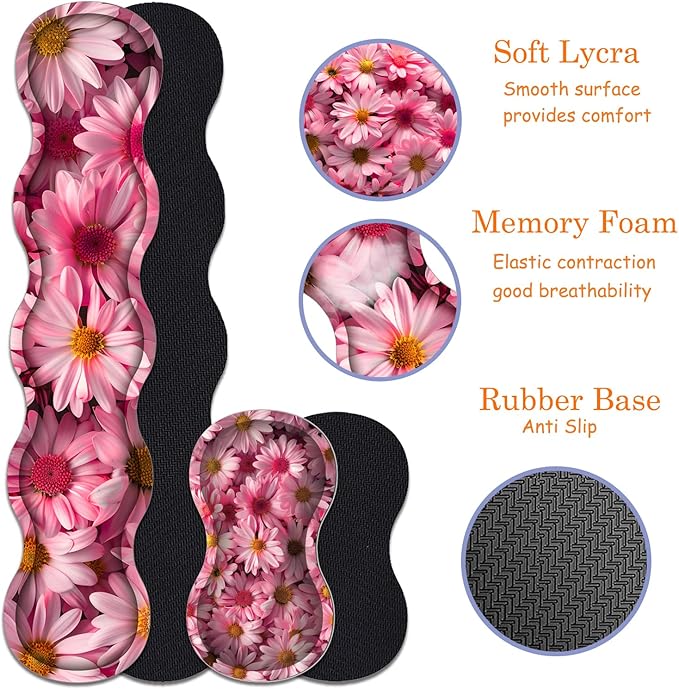 Large Gaming Mouse Pad + Keyboard Wrist Rest + Wrist Support + Coaster Set, Memory Foam Ergonomic for Easy Typing, XXL Extended Gaming Mouse Pad Table Pad - Pink Daisy