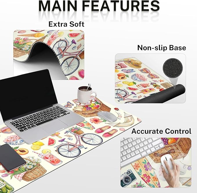 Arttown Tropical Fruit Desk Mat Floral Colorful Mouse Pad Set 4 in 1 Ergonomic Design Large Mouse Pad + Keyboard Wrist Rest + Mouse Wrist Rest + Coaster Suitable for Home Office Study Game