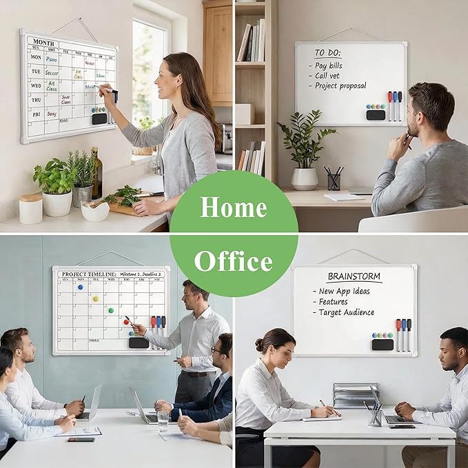 Monthly Whiteboard Calendar for Wall, 16" x 12" Small Hanging Dry Erase Calendar, Double-Sided White Board for Office, School, Kitchen, Kids Room