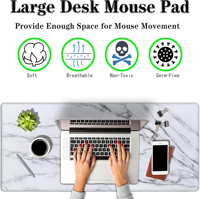 Gaming Mousepad White Gray, Large Mousepad Office Desk Mats, Gaming Mouse Mat Non-Slip Rubber Base Waterproof with Stitched Edges, 35.4 X 15.7 inch for Work/Game/Office/Home Marble Texture