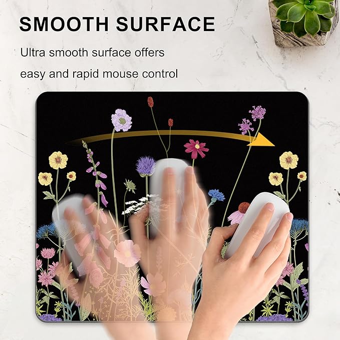 Black Floral Mouse Pad Flower Mousepad Purple Colorful Aesthetic Cute Desk Rectangular Laptop Women Girl Computer Office Small Non-Slip Wireless Mat Washable Decor Accessories Travel Gaming Supplies