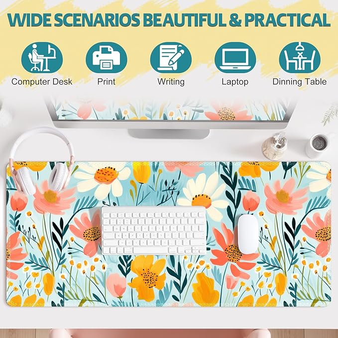 Floral Plant Desk Pad Mouse Pad, Large Gaming Mouse Mat with Stitched Edges, Non-Slip Waterproof Rubber Base Mous Mat for Office Computer Keyboard Laptop Home Decor Women (35.4X17.5 in),Botanical