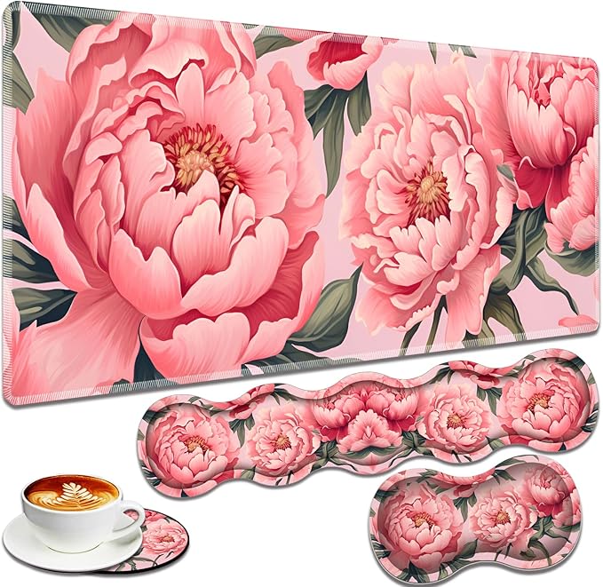 Large Gaming Mouse Pad + Keyboard Wrist Rest + Wrist Support + Coaster Set, Memory Foam Ergonomic for Easy Typing, XXL Extended Gaming Mouse Pad Table Pad - Art Pink Flowers