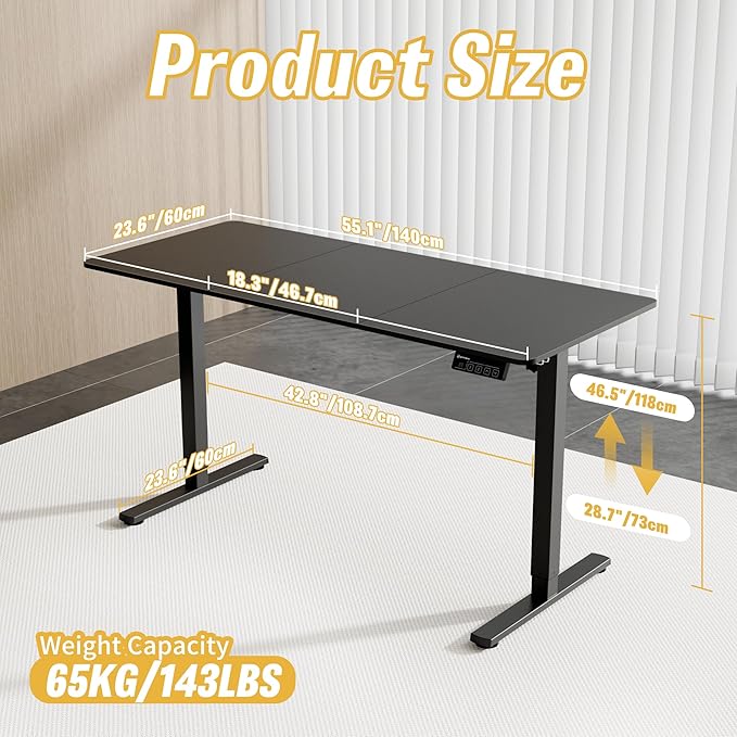 ERGOMAKER 55" Electric Standing Desk, Adjustable Height, Sit Stand Up Desk for Home Office & Computer Workstations, Memory Controller, Black