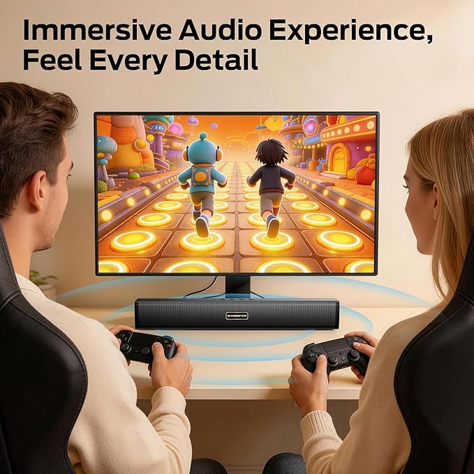 Monster S220 Computer Speakers for Desktop PC, 2.0 Channel PC Speakers with Dual Bass Diaphragm, Bluetooth 6.0 & 3.5mm Aux-in PC Soundbar, Compact Computer Sound Bar for Desktop/Laptop/Monitor/Tablet