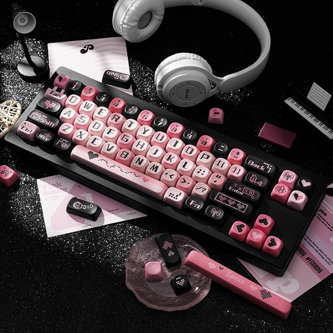 131 Keys PBT Keycaps Dye-Sublimation Black and Pink MOA Profile Custom Cute Keycaps for Cherry Gateron MX Swithes Mechanical Keyboards